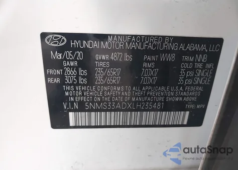 2020 Hyundai Santa Fe Sel z USA, uszkodzony, nr VIN 5NMS33ADXLH235481